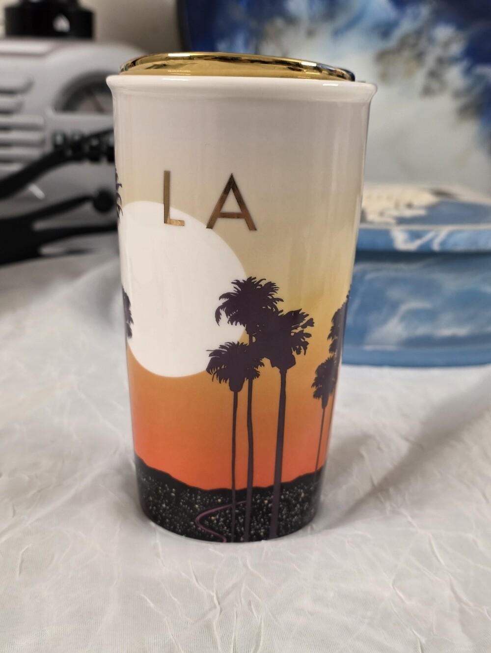 Starbucks LA Sunset Ceramic Travel Mug with Gold Accent
